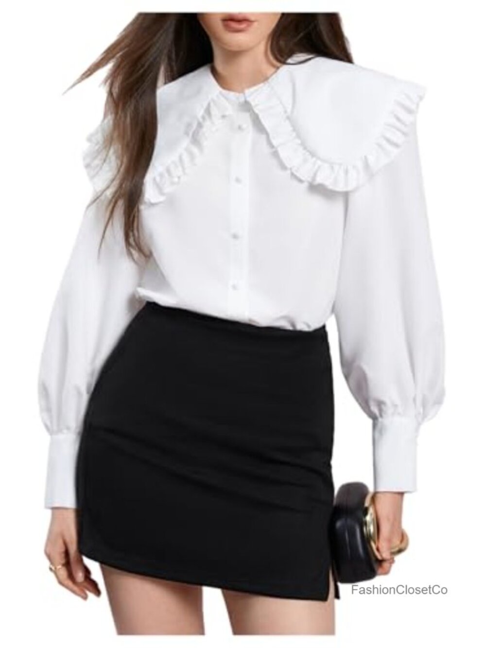 Women's Ruffle Doll Collar Button Down Blouse Bishop Sleeve Loose Fit Top
